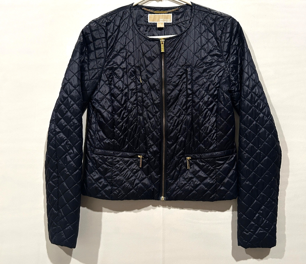 Michael Kors Navy Blue Quilted Jacket Gold Accents 3 Pockets Women's Small